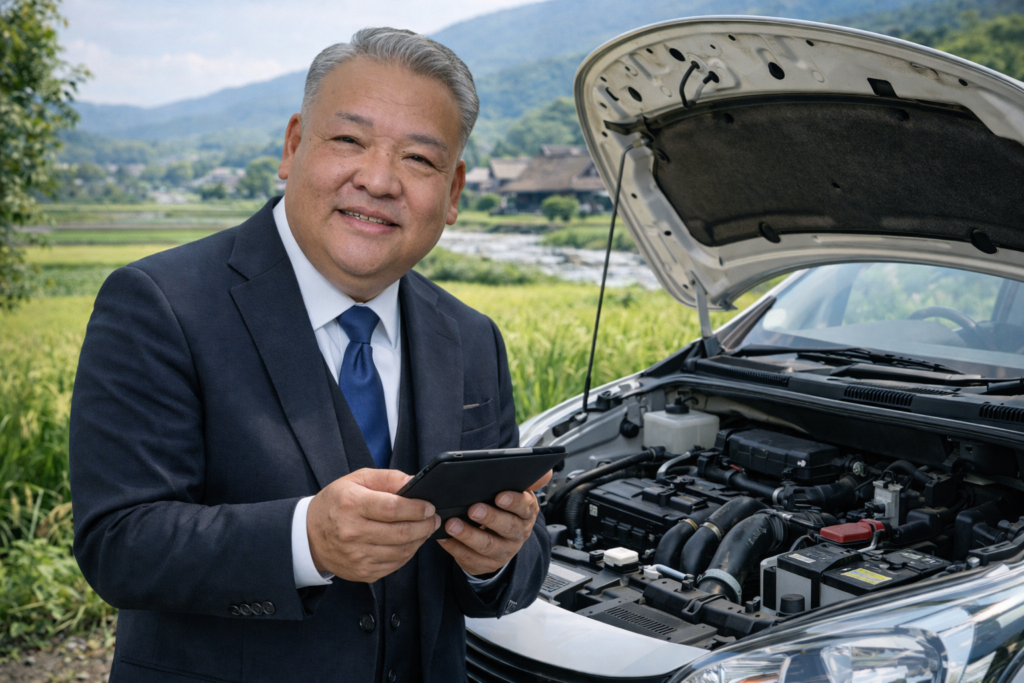 福岡県朝倉市で冬の出張査定を行うカーマッチ福岡朝倉甘木店の徳永店主