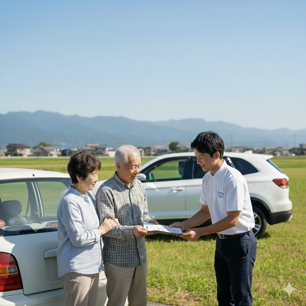 朝倉市の免許返納後の車買取をサポートする徳永店主と安心するお客様。
