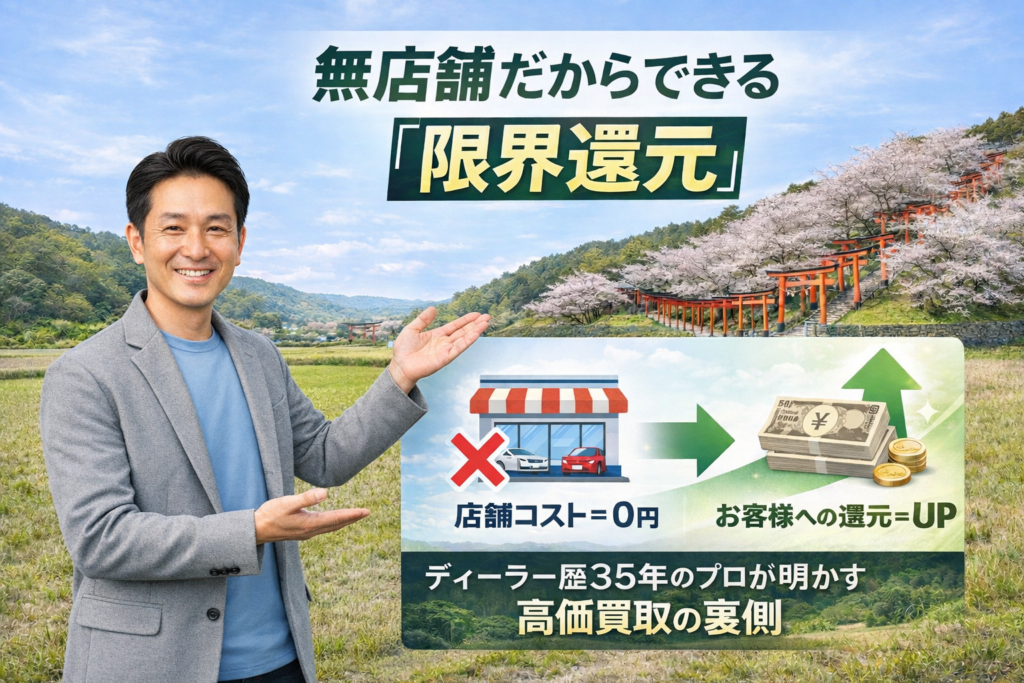 福岡県朝倉市の風景を背景に、無店舗・出張型によるコストカットを査定額に還元する仕組みを案内する、ディーラー歴35年の店主（サイドパートの男性）。