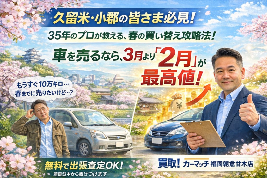 久留米市・小郡市での車買い替え攻略法を案内する、カーマッチ福岡朝倉甘木店の高価買取アイキャッチ画像。