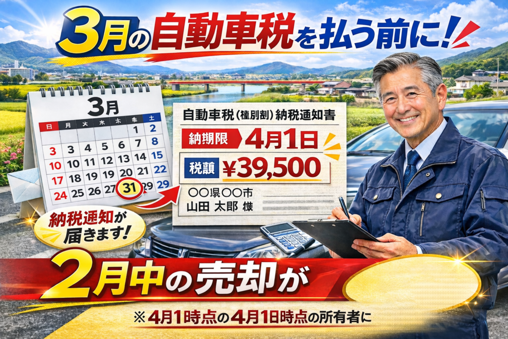 福岡県朝倉市の車買取店「カーマッチ福岡朝倉甘木店」が解説する、3月の自動車税を回避して2月にお得に車を売却するコツ。ディーラー歴35年のプロが教える査定ポイント。