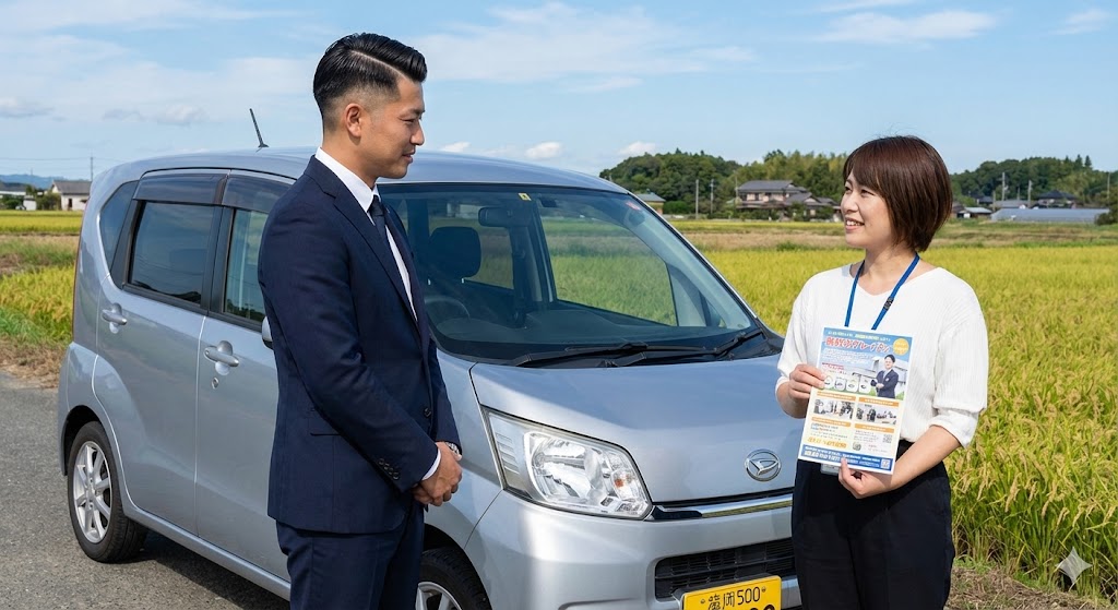 福岡県朝倉市でのダイハツ・ムーヴ（平成23年式）の出張買取風景。