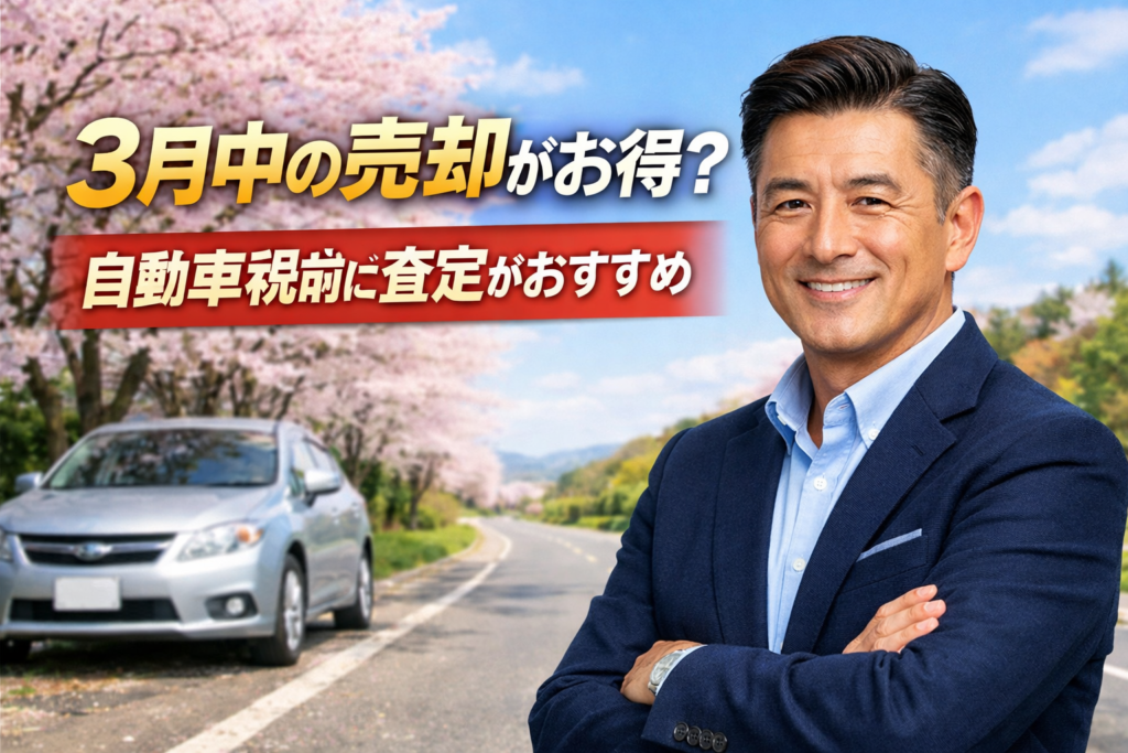 朝倉市で3月中の車売却は自動車税前でお得と案内するネイビージャケット男性と春の道路背景イメージ