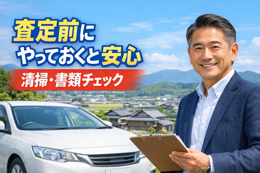 朝倉市で車買取査定前にやる準備を解説するイメージ画像。洗車された車とチェックポイントのイラス