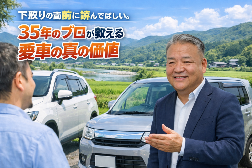 福岡県朝倉市で車の出張査定を行うディーラー歴35年の店主と高価買取の案内