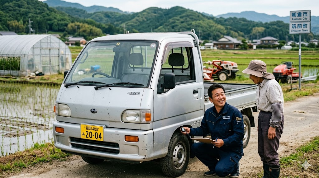 朝倉市で平成16年式スバルサンバー4WDを査定する買取カーマッチ福岡朝倉甘木店の徳永