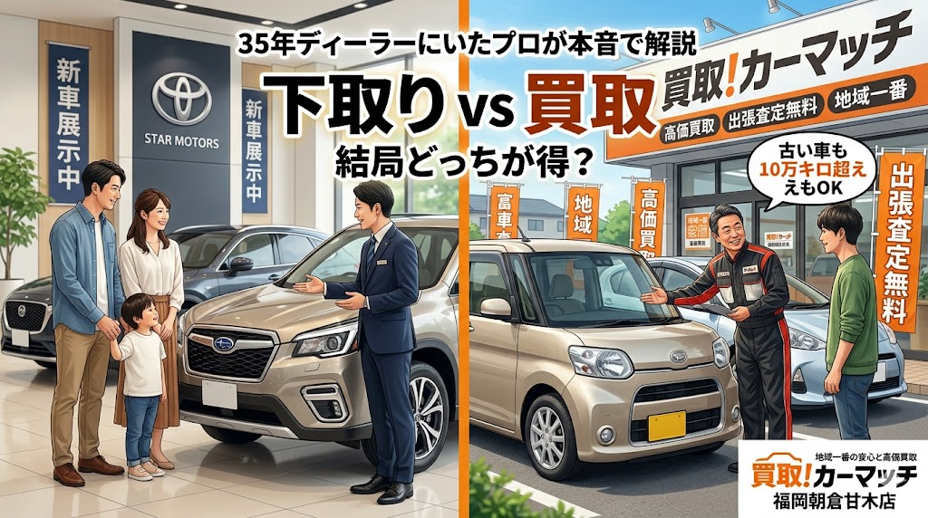 新車ディーラーの下取りと買取専門店（カーマッチ福岡朝倉甘木店）の査定シーンを比較し、高価買取のポイントを解説するイメージ画像