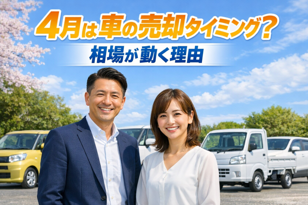 4月は車の売却タイミング？相場が動く理由。軽自動車・ミニバン・SUV・軽トラックとスタッフのイメージ