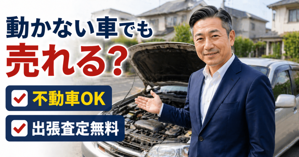 朝倉市で動かない車（不動車）の出張買取査定を行う50代男性スタッフと故障車