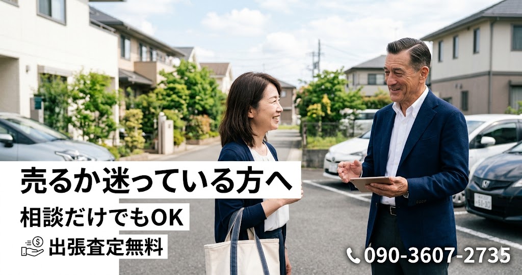 朝倉市で車買取の相談を受ける日本人50代男性スタッフ。住宅街の駐車場でお客様と会話しながら出張査定を案内する様子（相談だけでもOK）