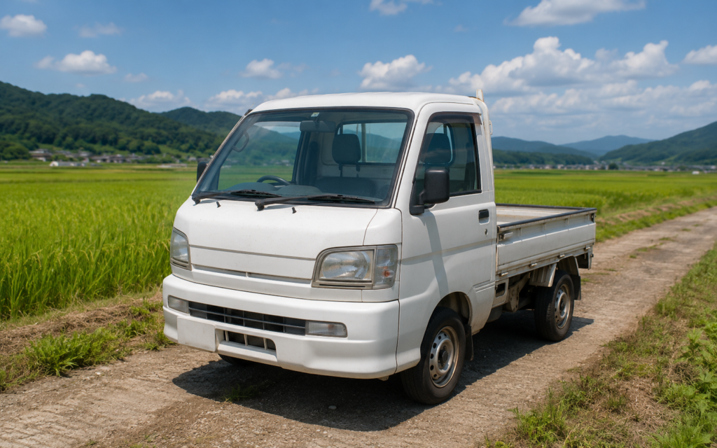 筑前町の農道に停まった軽トラ。買取！カーマッチ福岡朝倉甘木店の出張査定イメージ。