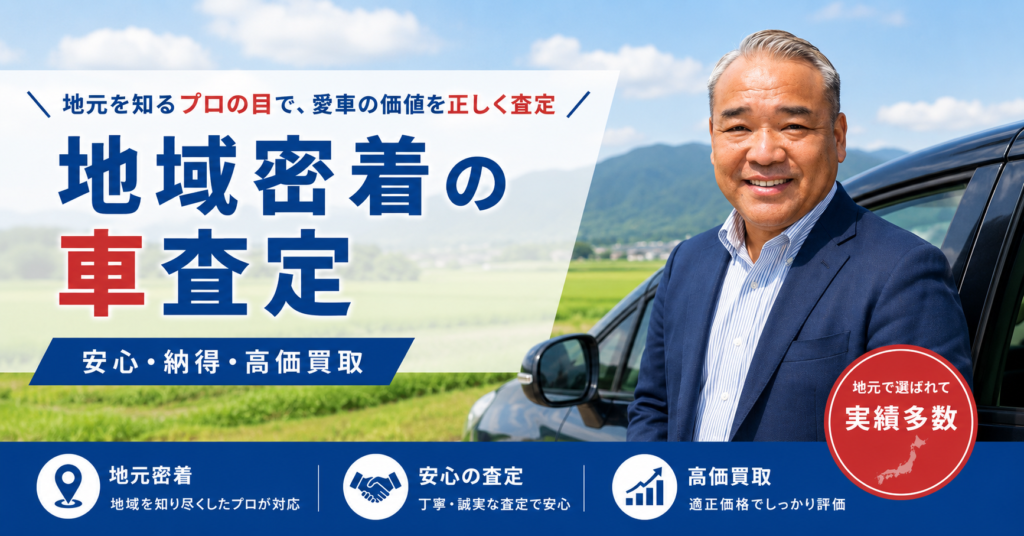 朝倉市の田園風景を背景に、ディーラー35年のプロが車の横に立って笑顔で査定する様子