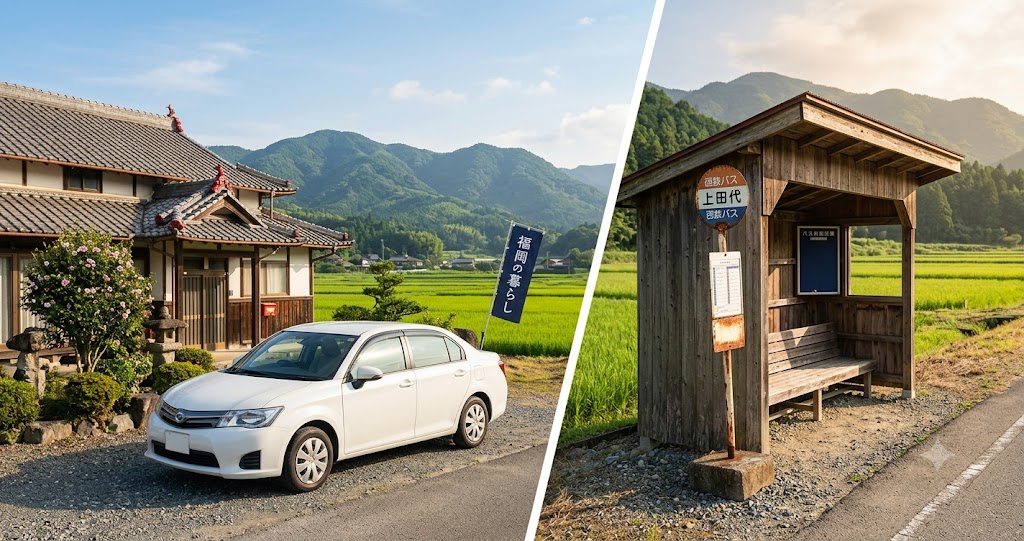 朝倉市の田園風景を背景に、自家用車と農村バス停を対比したイメージ