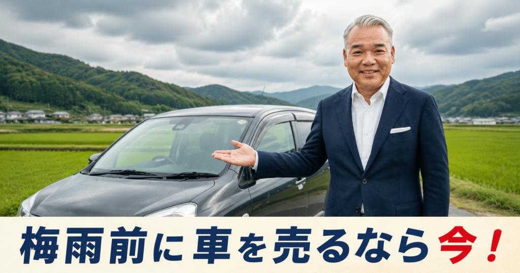 朝倉市の出張車買取・徳永が梅雨前の売却タイミングを案内している様子