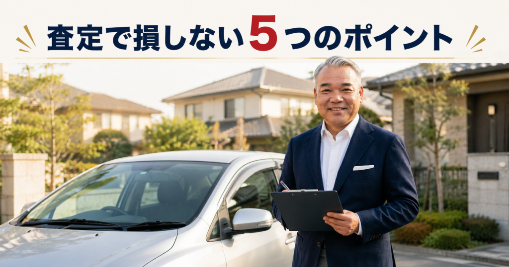 朝倉市の車おじさん・徳永が住宅街の駐車場で査定の説明をしている様子