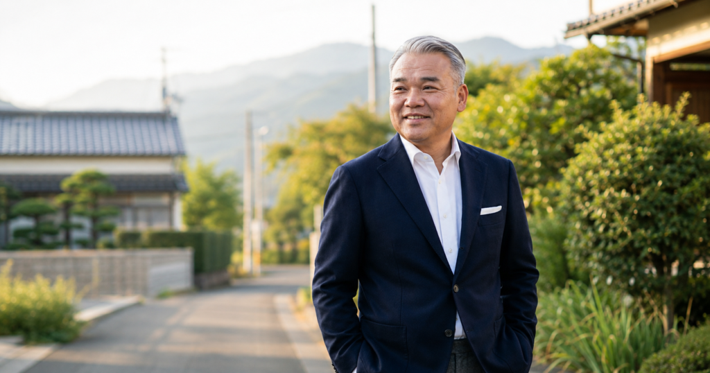 朝倉市の車おじさん・徳永が開業8ヶ月を振り返る　朝倉市の住宅街で思いをめぐらせる様子