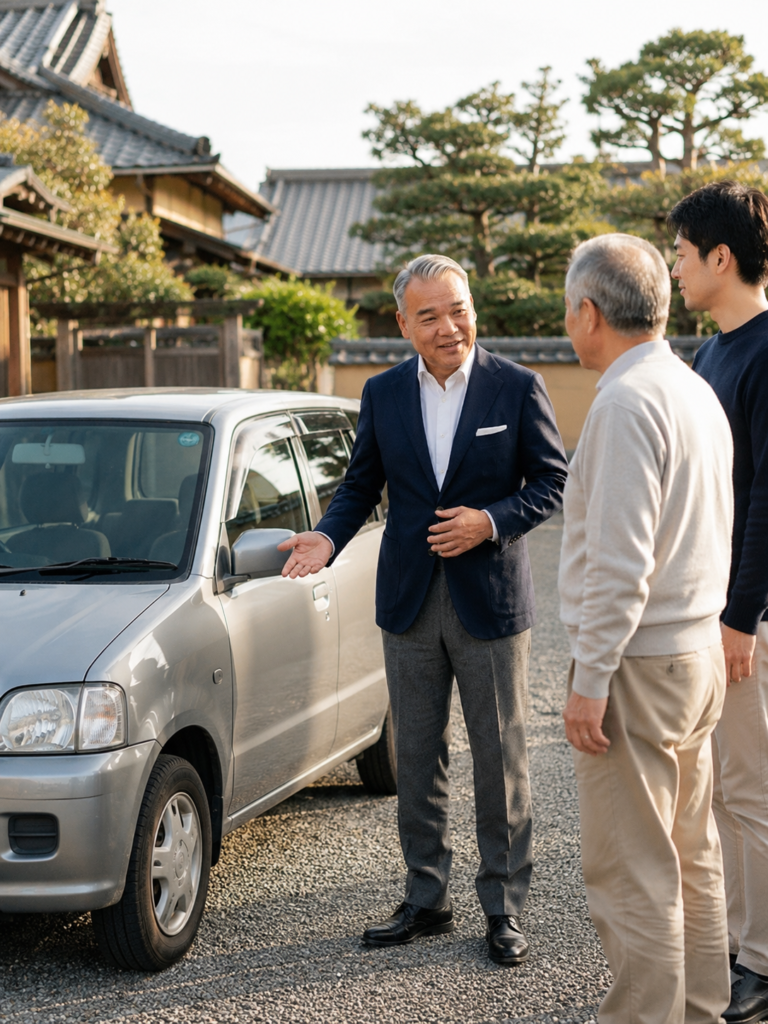 朝倉市のご自宅で息子様・お父様に査定内容を説明する、買取！カーマッチ福岡朝倉甘木店の代表・徳永