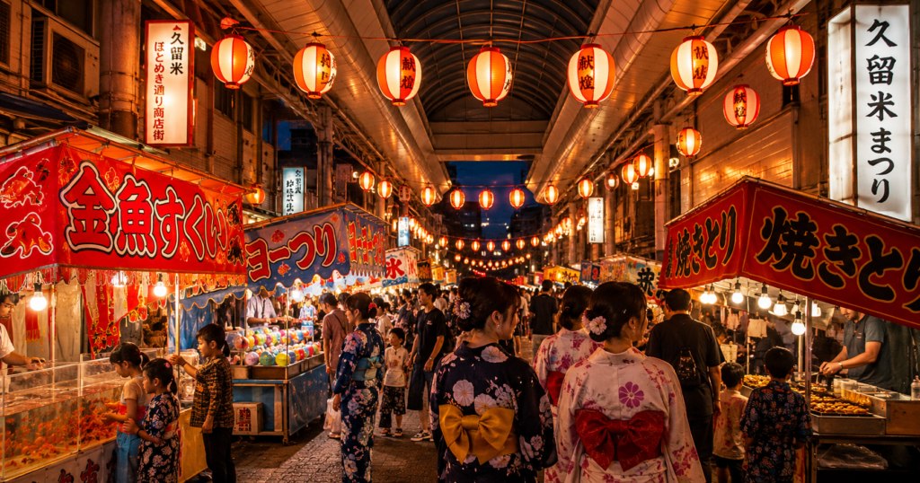 久留米ほとめき通り商店街で開催される土曜夜市のイメージ、夏祭りの屋台と提灯