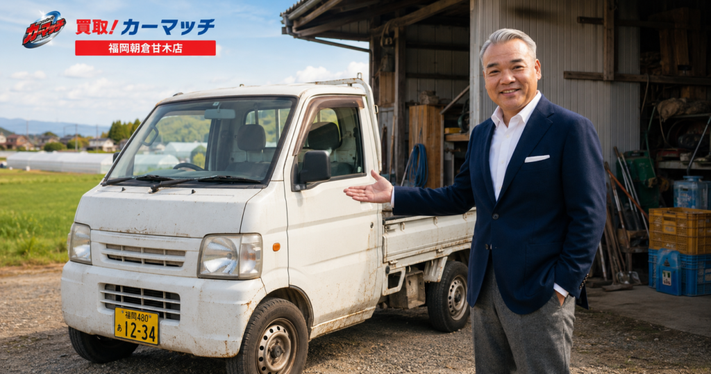 朝倉市で軽トラ・農機具の出張買取を行う「車おじさん・徳永」と査定対象の軽トラック