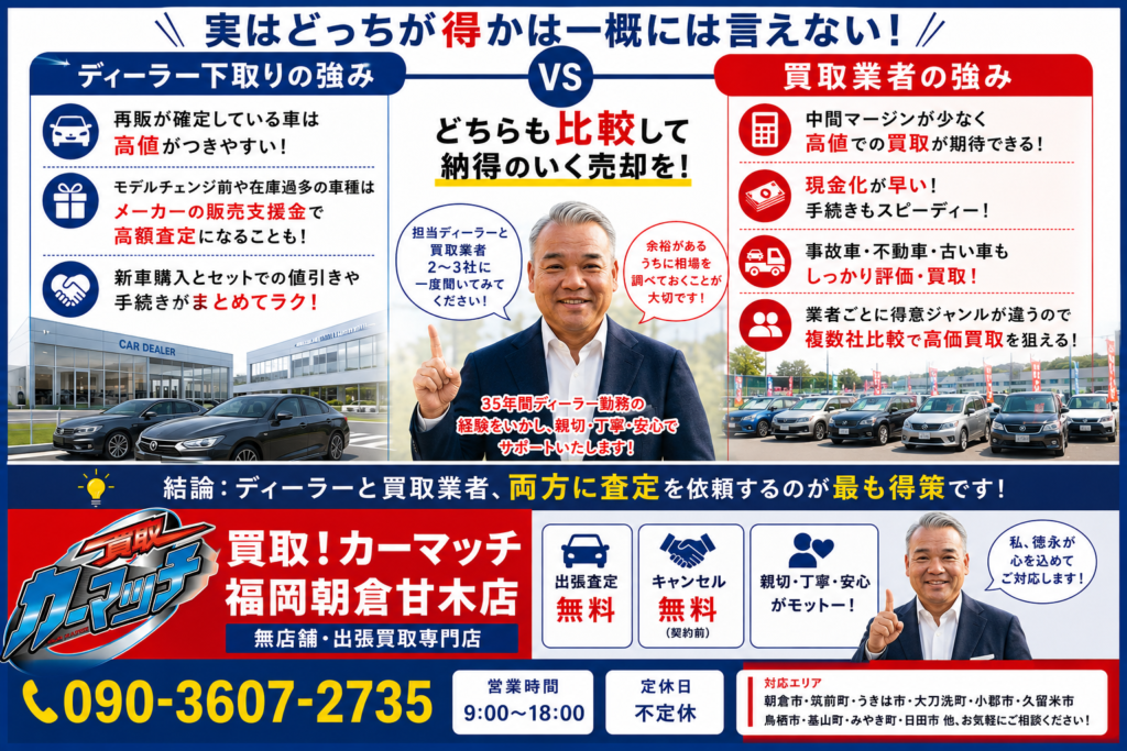 ディーラー下取りと買取業者の違いを説明する車買取スタッフ