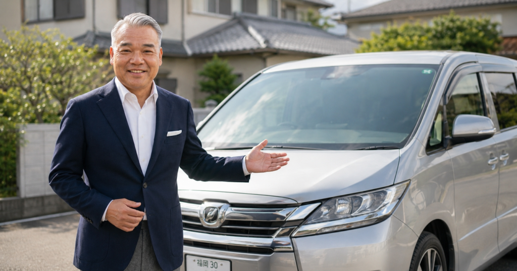 朝倉市でミニバン・ファミリーカーの注文販売を行う出張専門の車買取スタッフ