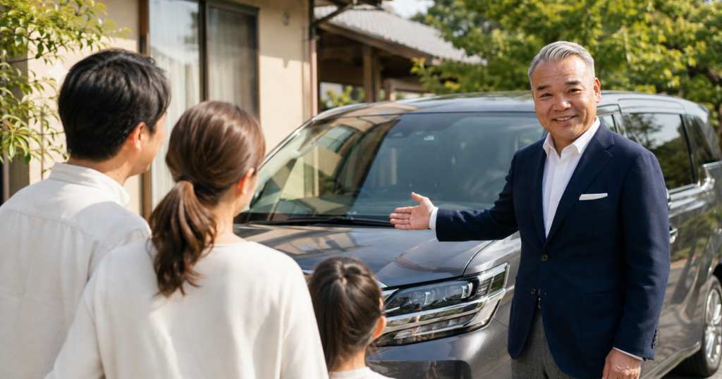 夏休み前に家族の車の乗り換え相談を受ける朝倉市の車買取スタッフ