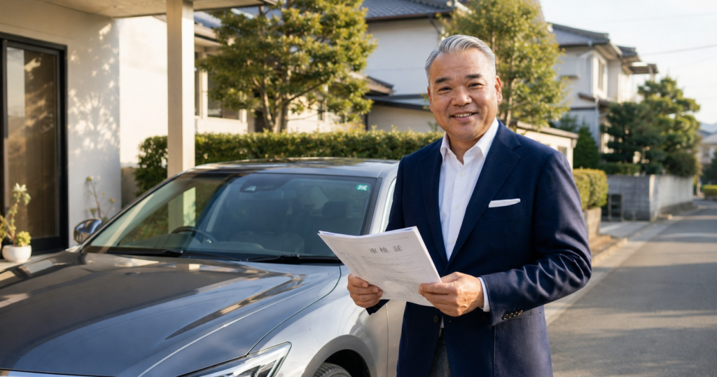 朝倉市で車検証などの書類を確認しながら査定準備を説明する徳永