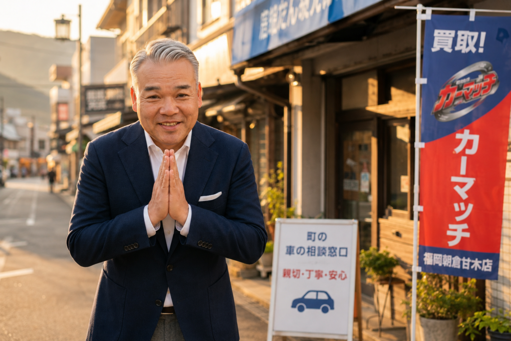 朝倉市で食事券プレゼントキャンペーンのお礼をする買取カーマッチ福岡朝倉甘木店の徳永さん