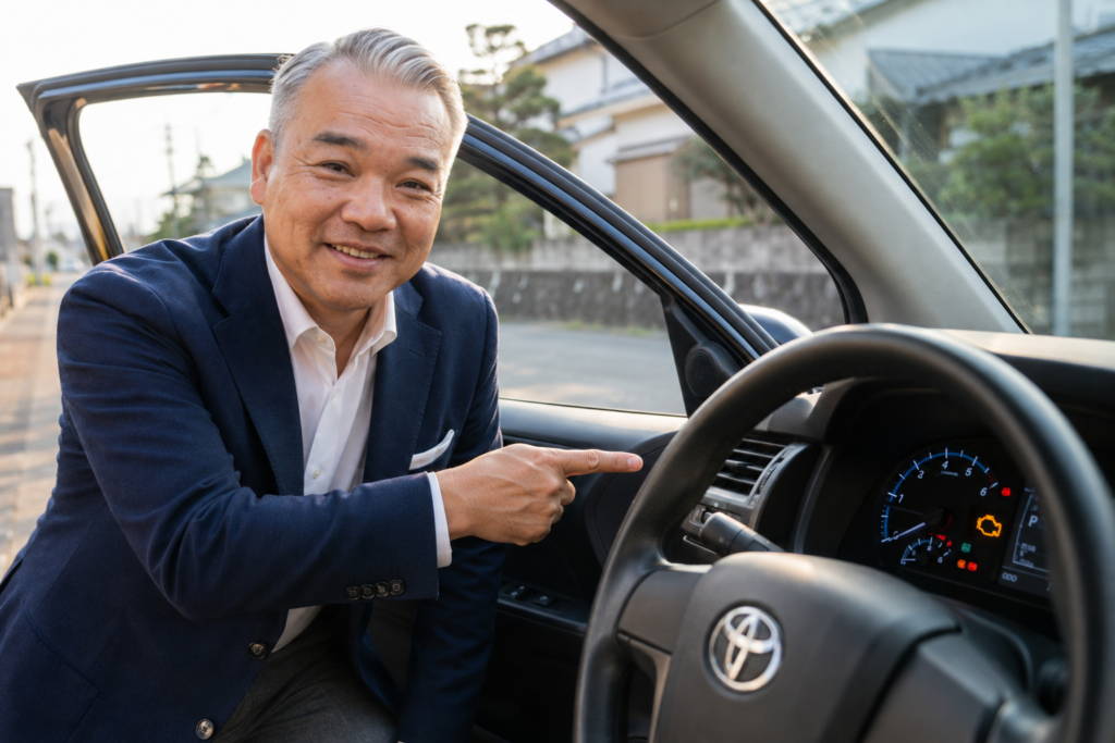 車の警告灯を確認する朝倉市の車買取スタッフ