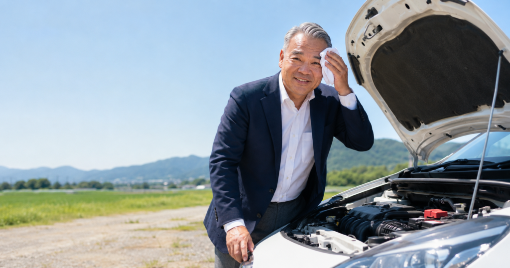 夏バテした車のエアコンとバッテリーを点検する朝倉市の車買取スタッフ