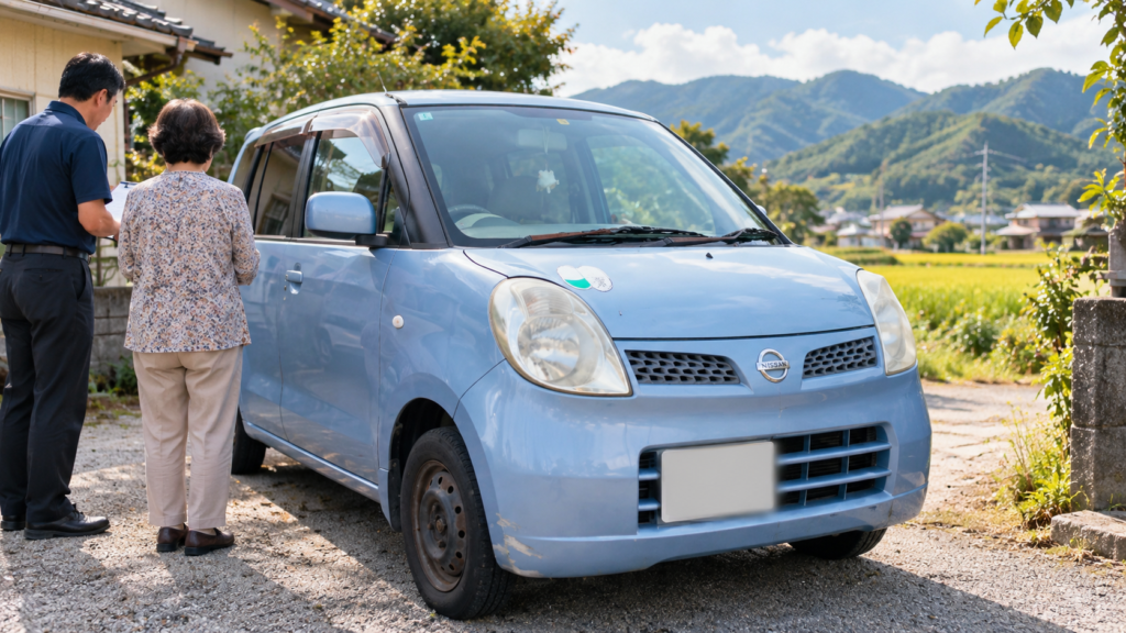 朝倉市で80代女性の運転卒業・免許返納に伴う車売却相談をイメージした水色の日産モコ