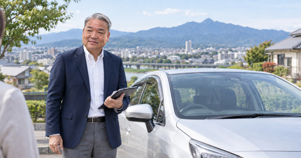 久留米市で車の無料出張査定について説明する地域密着型の査定スタッフ