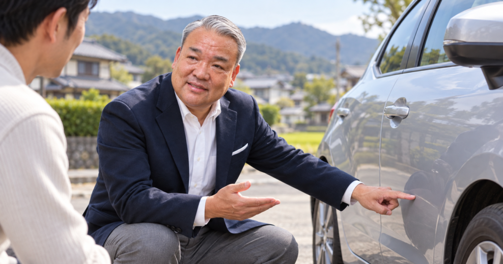車を売る前の洗車やキズの修理について説明する朝倉市の車買取店スタッフ