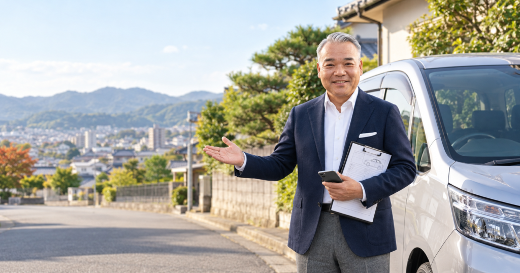 車のそばで査定用紙とスマートフォンを持ち、穏やかに微笑む買取！カーマッチ福岡朝倉甘木店の徳永寛