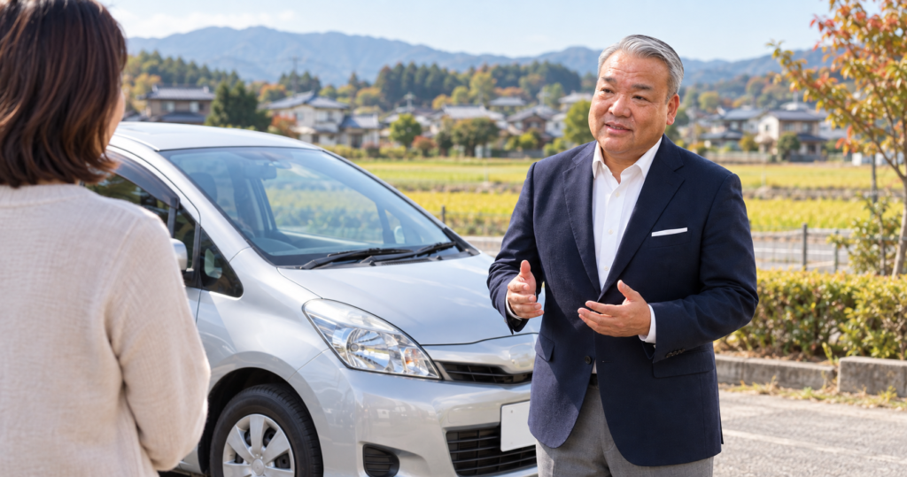 筑前町をイメージした郊外で、車のそばで売却相談を受ける徳永