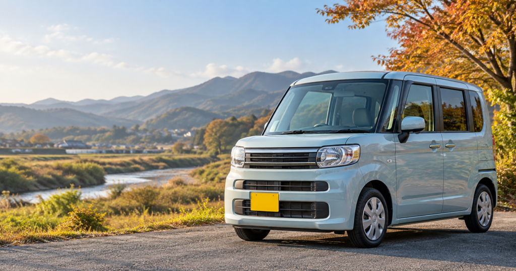 朝倉市の郊外に停車する軽スーパーハイトワゴン。スペーシアの査定ポイントを紹介するブログ用画像