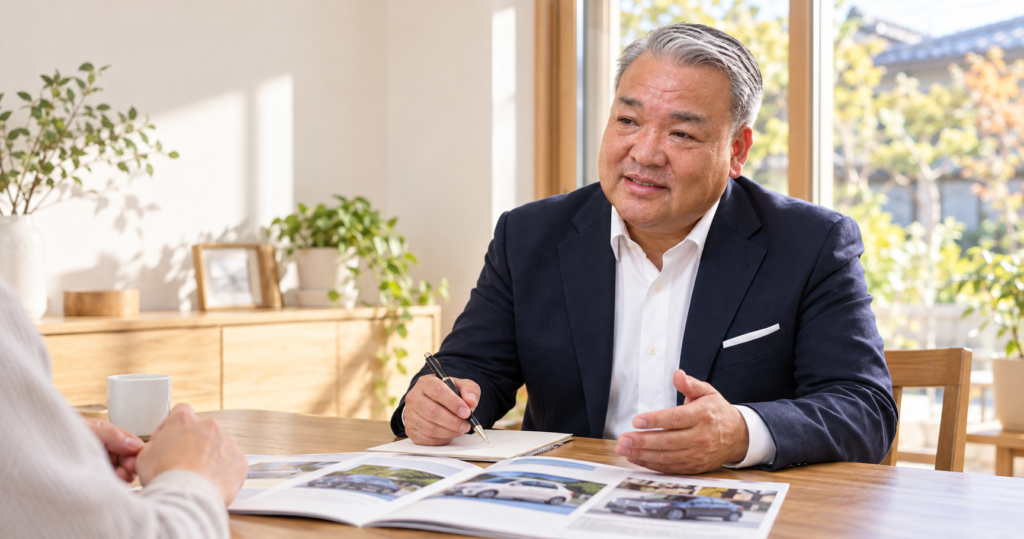 中古車の注文販売で予算や使い方を聞き取り、車選びの相談に応じる徳永のイメージ