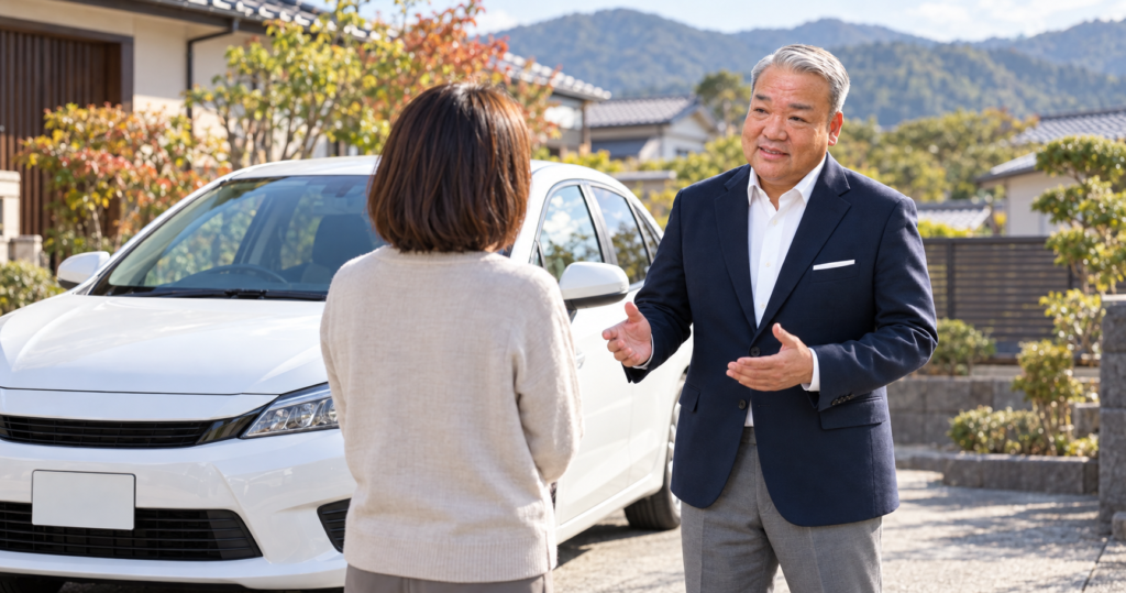 朝倉市をイメージした住宅地で、車の乗り換えと引き渡し時期を相談する徳永