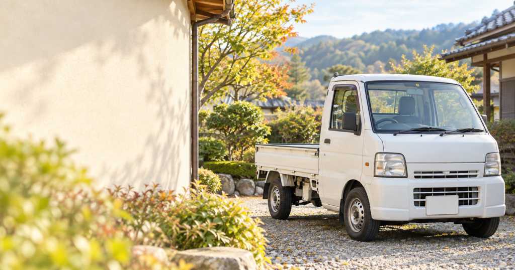 実家の庭先に駐車された白い軽トラックのイメージ