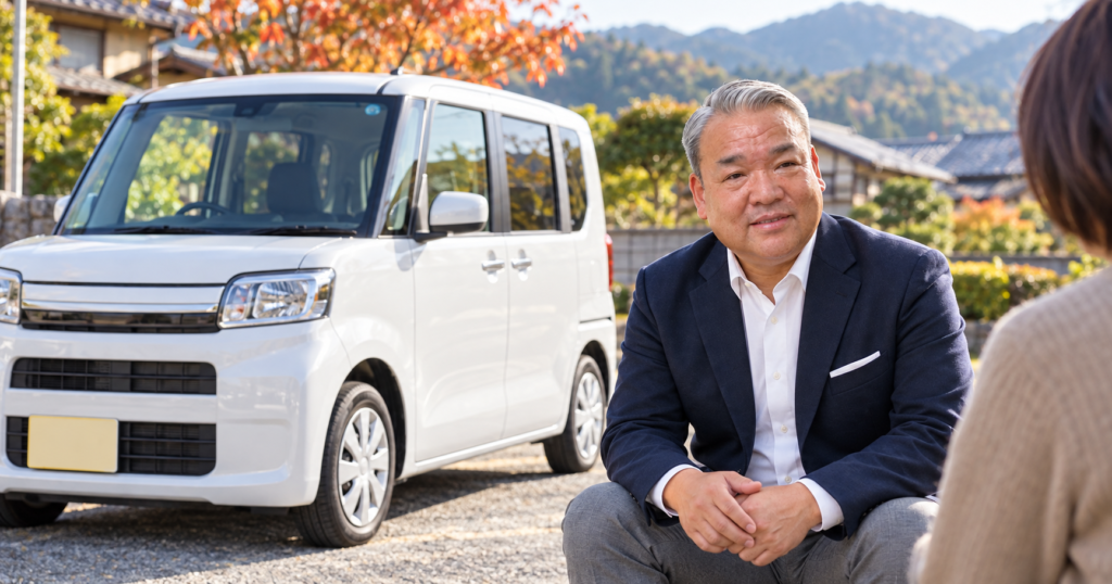 朝倉市をイメージした住宅地で、軽自動車の売却相談に応じる徳永