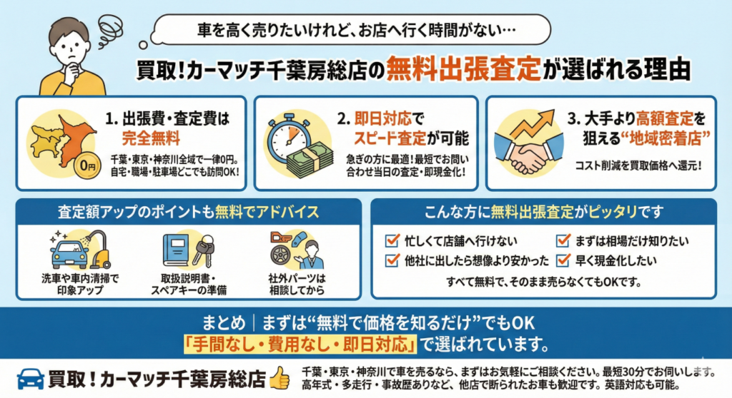 🚗【無料出張査定】買取!カーマッチ千葉房総店が選ばれる理由｜千葉・東京・神奈川で高く売るなら