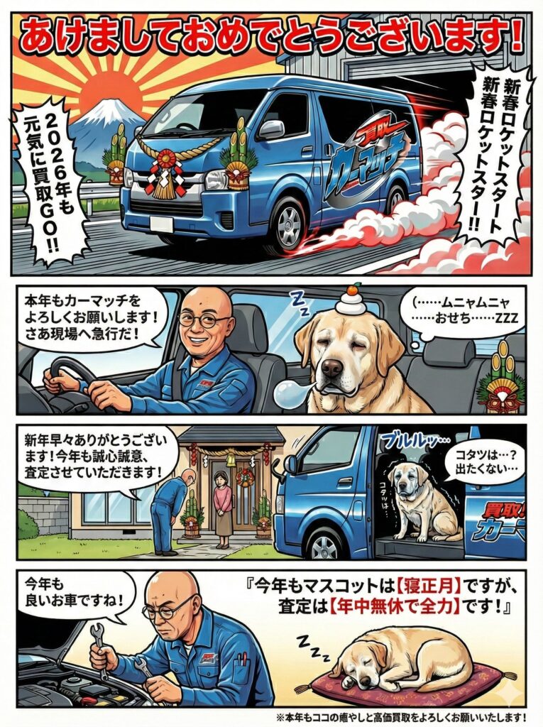 2026年も元気に買取GO！カーマッチ新春4コマ漫画