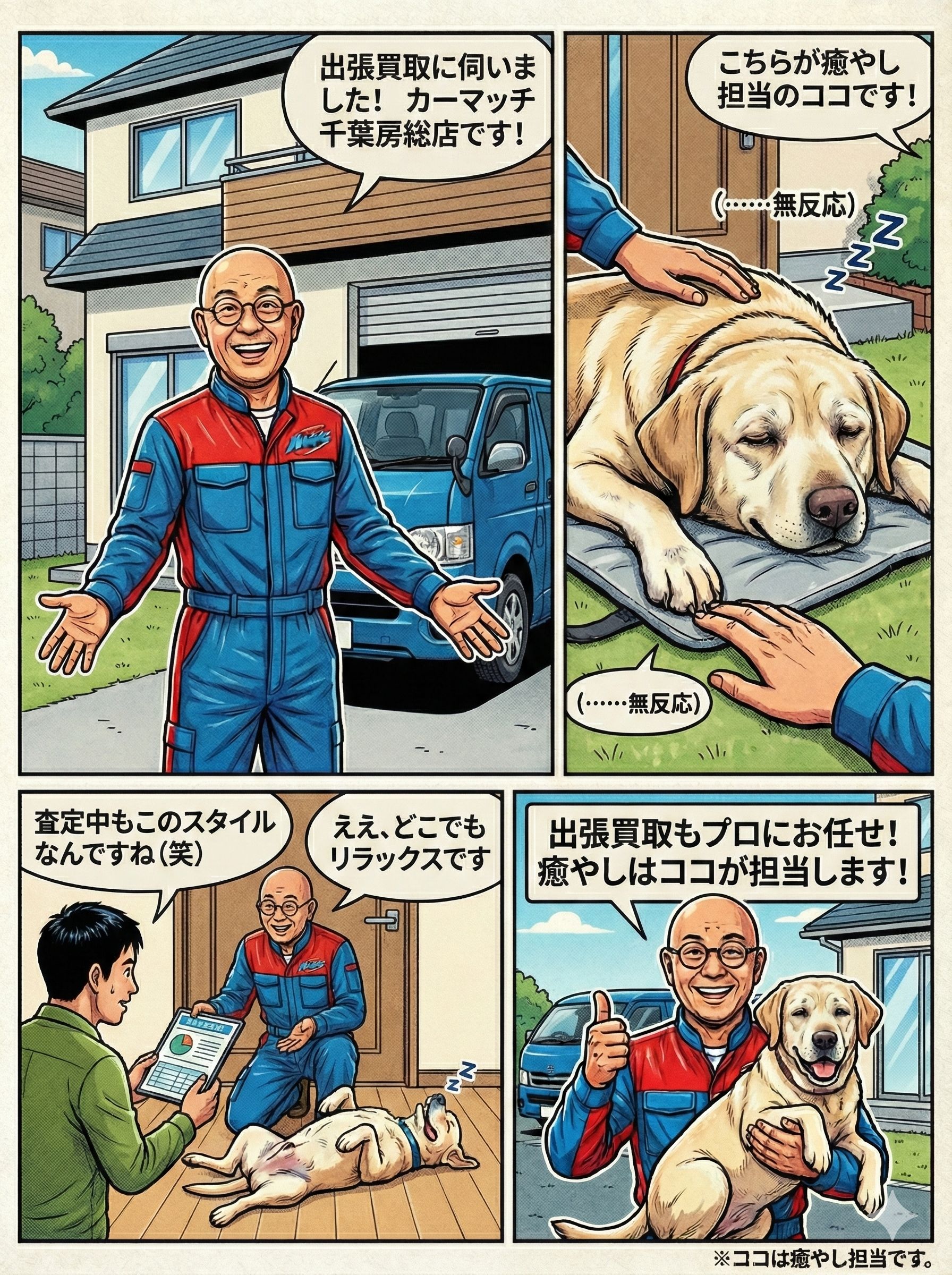 カーマッチ千葉房総店の出張買取4コマ漫画。スタッフと看板犬ココが登場。