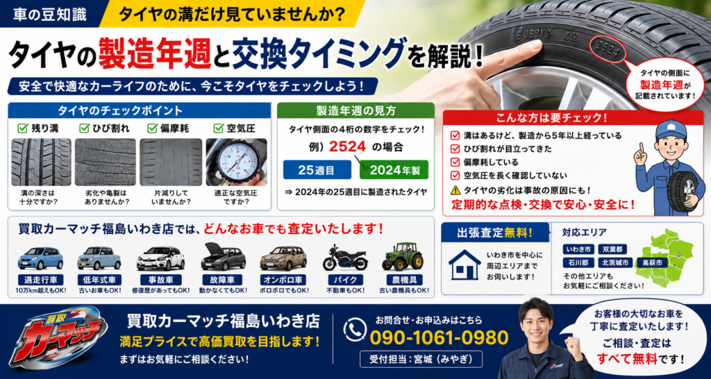 【車の豆知識】タイヤの「溝」だけ見ていませんか？実は重要な製造年週と交換タイミングを解説｜福島県いわき市の買取カーマッチ