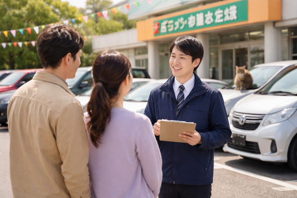 中古車販売店でスタッフとお客様が安心して車の相談をしている様子