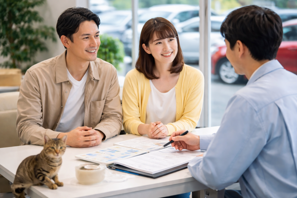 岐阜美濃加茂で自社ローン・中古車販売・車買取をまとめて相談できる店舗の接客風景