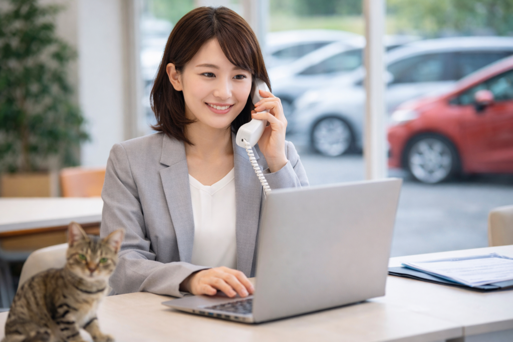 岐阜美濃加茂で自社ローン・中古車販売・車買取をまとめて相談できる店舗の電話対応風景