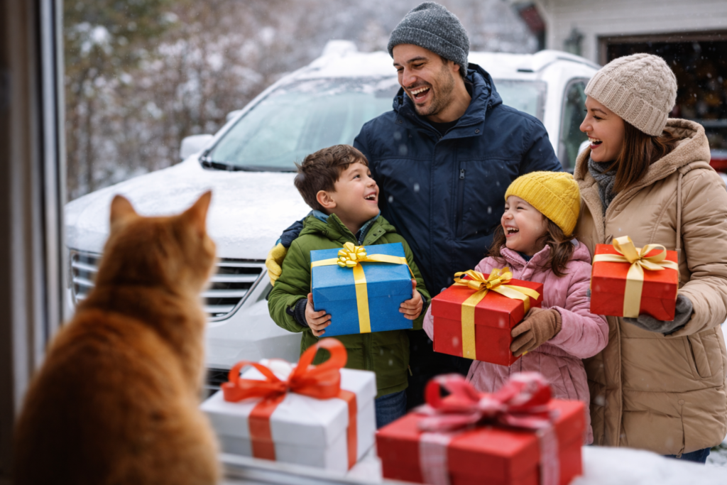 車の買取プレゼントキャンペーンで喜ぶ家族と車のある風景｜岐阜美濃加茂で高価買取・自社ローン・中古車相談に対応する店舗イメージ