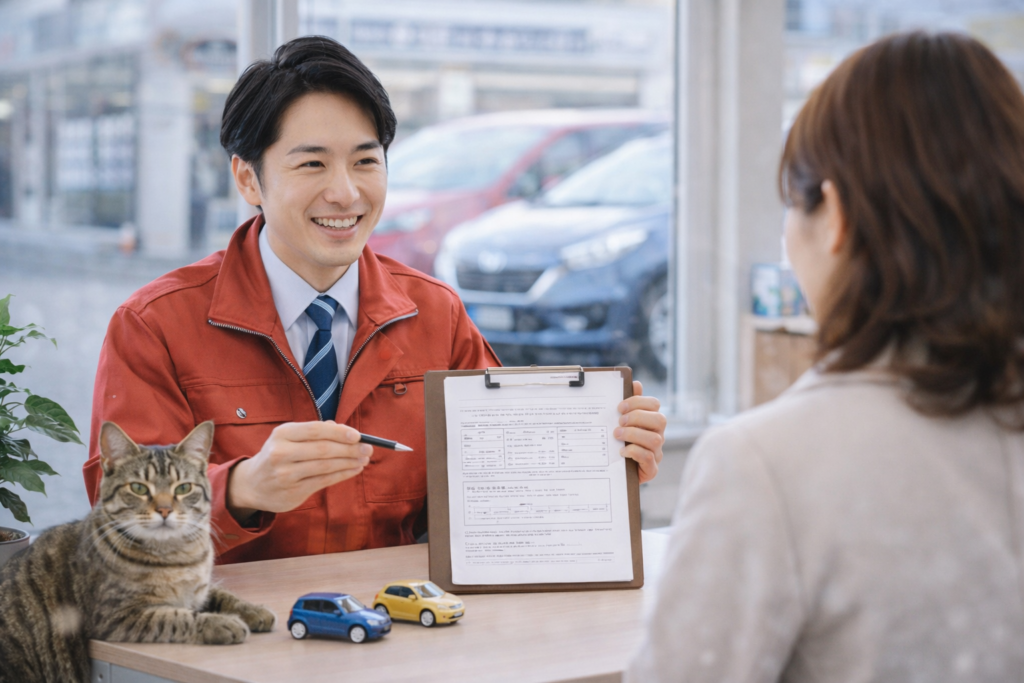 岐阜美濃加茂で車買取や売却相談に対応する中古車販売店スタッフの接客風景