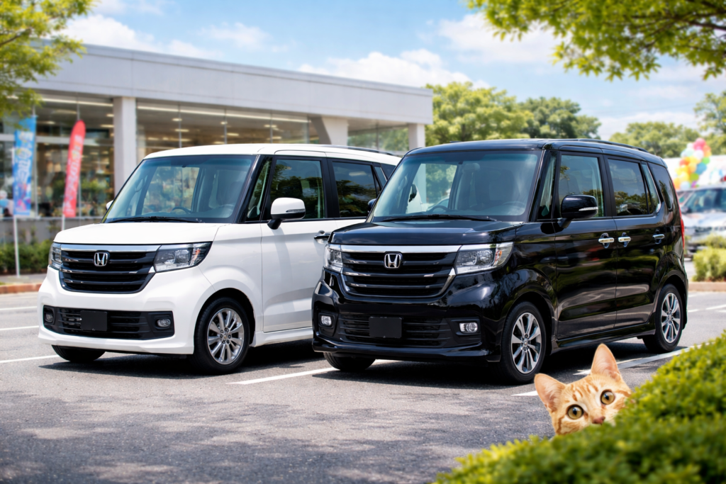 軽自動車の買取査定が増えている中、黒と白のN-BOXが並ぶ様子と見守る猫｜買取！カーマッチ岐阜美濃加茂店